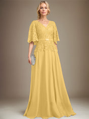A-line V-Neck Floor-Length Chiffon Lace Mother of the Bride Dress With Crystal Brooch Rhinestone