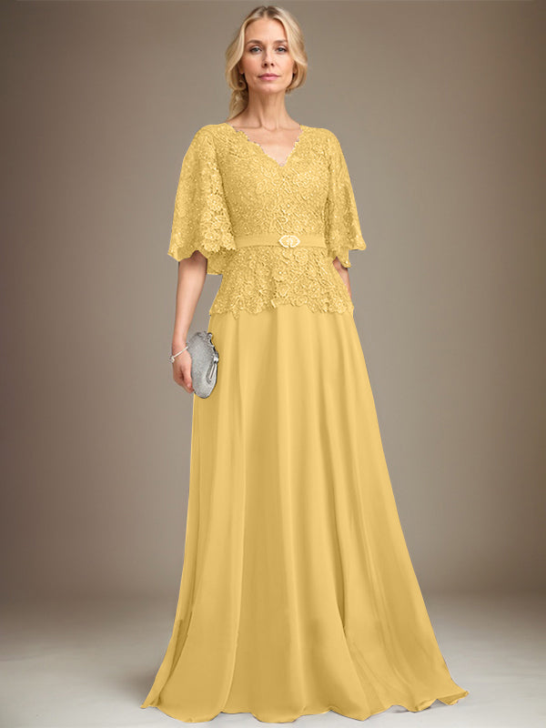 A-line V-Neck Floor-Length Chiffon Lace Mother of the Bride Dress With Crystal Brooch Rhinestone