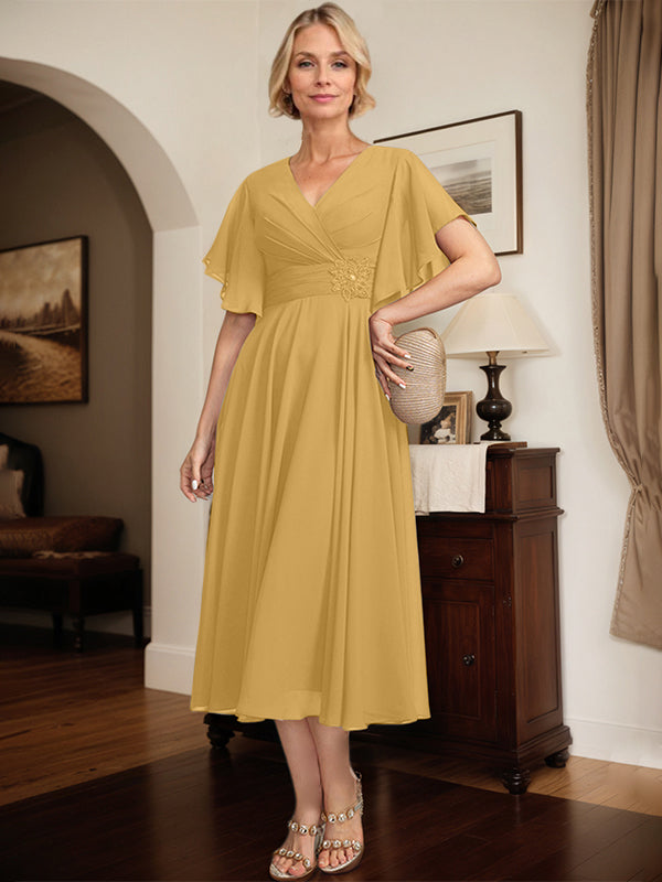 A-line V-Neck Tea-Length Chiffon Mother of the Bride Dress With Pleated Beading