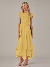 A-line Boat Neck Illusion Asymmetrical Chiffon Lace Mother of the Bride Dress With Applique Pleats
