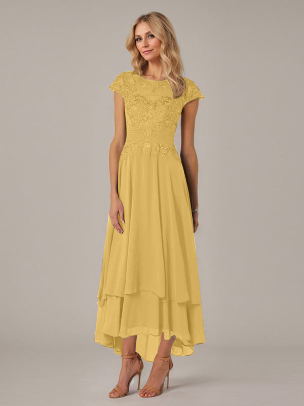 A-line Boat Neck Illusion Asymmetrical Chiffon Lace Mother of the Bride Dress With Applique Pleats