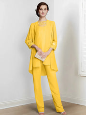 Tailleur-pantalon en mousseline à manches longues pour mère de la mariée avec veste 