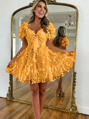 A-Line Puff Sleeves Short Tulle Homecoming Dress With Bowknot