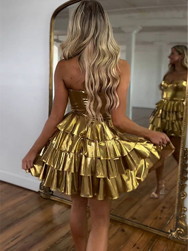 Gold A-Line Sweetheart Short Tiered Metallic Homecoming Dress
