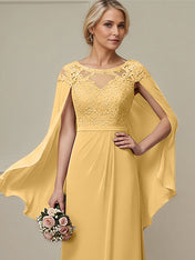 Gold A-line Scoop Illusion Floor-Length Lace Chiffon Mother of the Bride Dress With Appliques