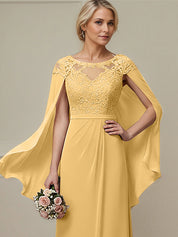 Gold A-line Scoop Illusion Floor-Length Lace Chiffon Mother of the Bride Dress With Appliques