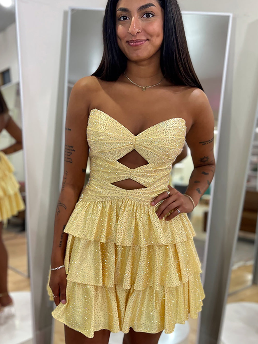 A Line Strapless Sweetheart Satin Homecoming Dress with Keyhole