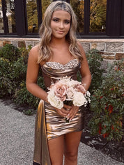 Gold Beaded Sweetheart Metallic Short Tight Homecoming Party Dress