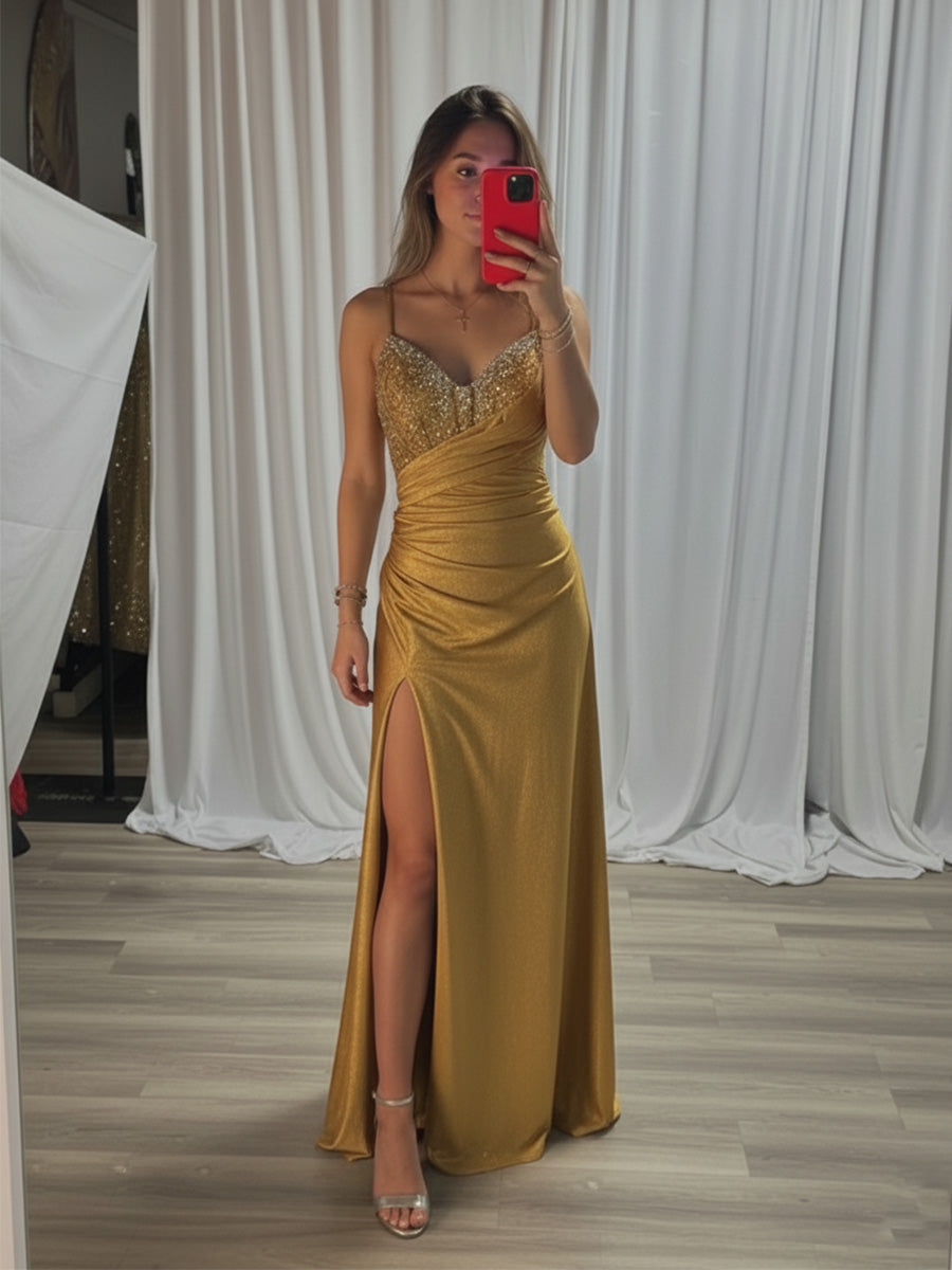 Gold Beaded V Neck Corset Bodice Long Prom Dress with Slit