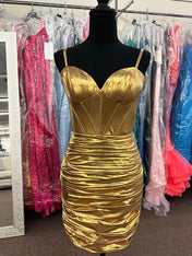 Gold Bodycon Spaghetti Straps Metallic Ruched Tight Homecoming Dress