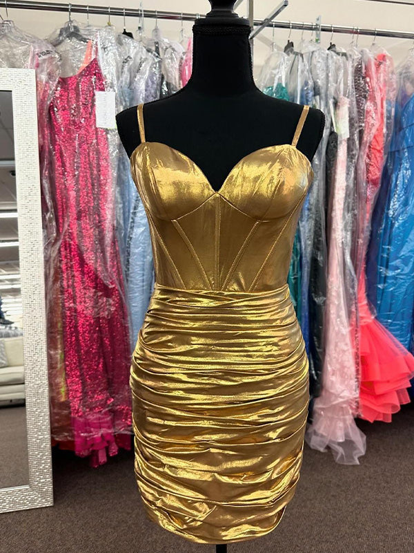 Gold Bodycon Spaghetti Straps Metallic Ruched Tight Homecoming Dress