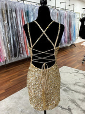 Dreamylily Women Gold Double Straps Sequin Tight Short Homecoming Dress Dreamylily Women Gold Double Straps Sequin Tight Short Homecoming Dress