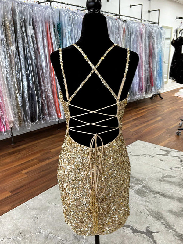 Gold Double Straps Sequin Tight Short Homecoming Dress