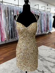 Gold Double Straps Sequin Tight Short Homecoming Dress