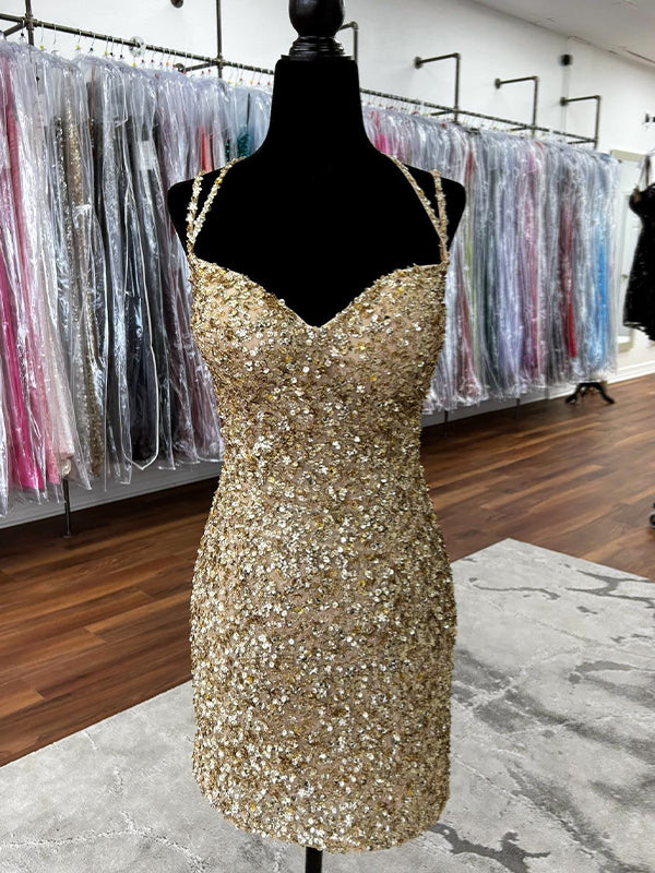 Gold Double Straps Sequin Tight Short Homecoming Dress