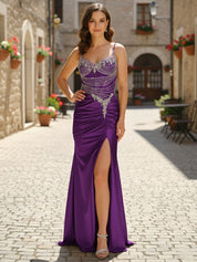 Gold Rhinestone Bodice Satin Sheer Corset Prom Dress with Slit
