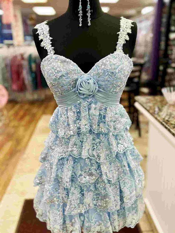 Gold Rosette Sequin Baby Doll Short Homecoming Party Dress