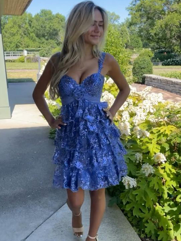 Gold Rosette Sequin Baby Doll Short Homecoming Party Dress