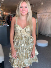 Gold Rosette Sequin Baby Doll Short Homecoming Party Dress