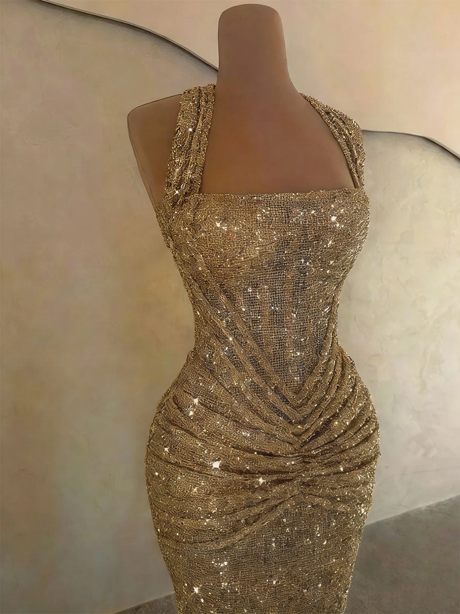 Gold Sequin Halter Mermaid Prom Dress with Ruched Waist