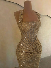 Gold Sequin Halter Mermaid Prom Dress with Ruched Waist