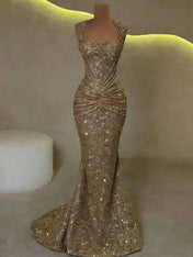 Gold Sequin Halter Mermaid Prom Dress with Ruched Waist