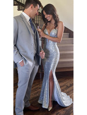 Gold Sequin Plunging Neckline Long Prom Dress with Slit