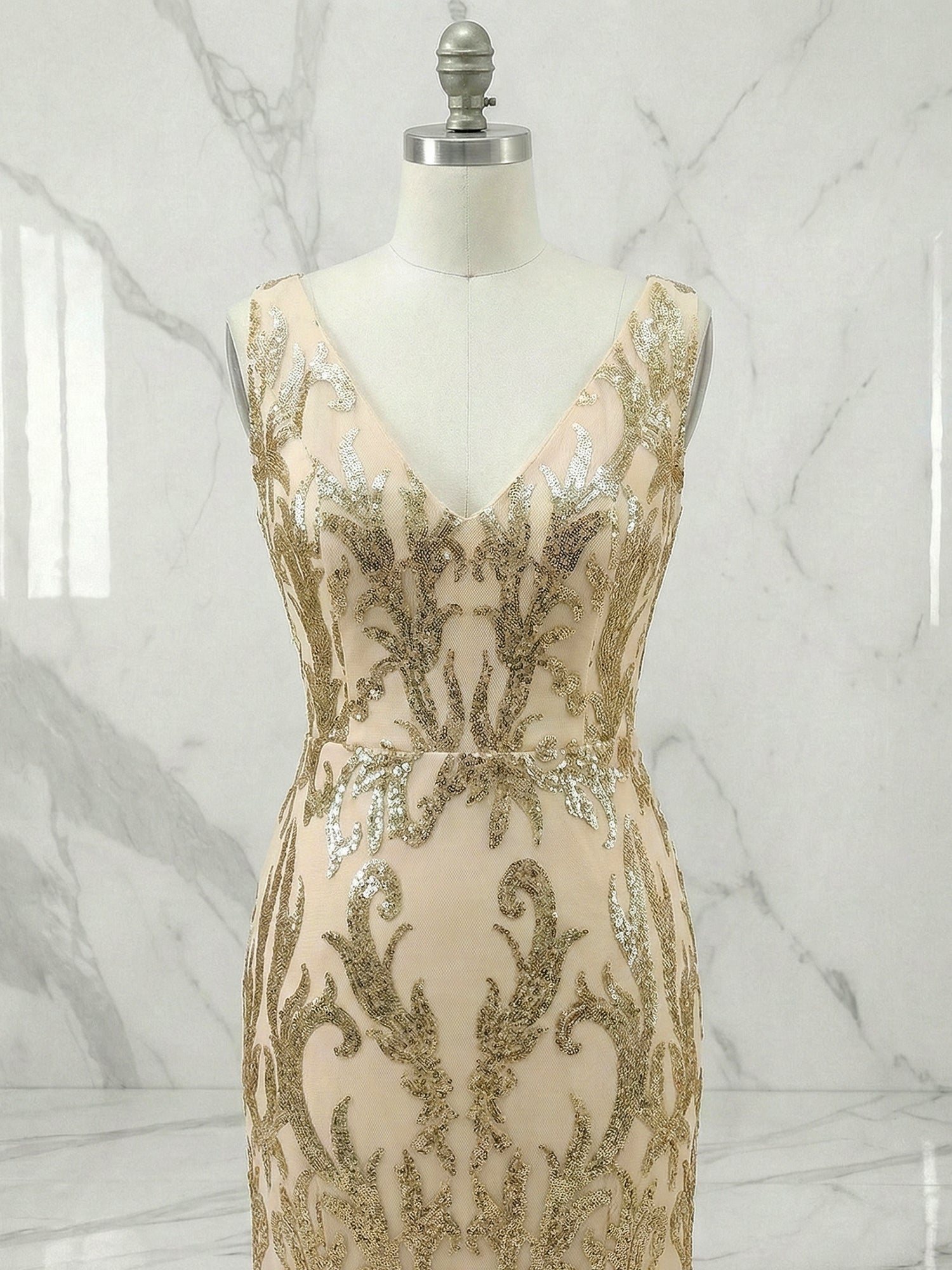 Gold Sequin V-Neck Open Back Mermaid Prom Dress with Slit