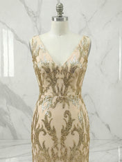 Gold Sequin V-Neck Open Back Mermaid Prom Dress with Slit