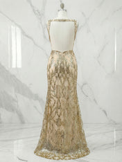 Gold Sequin V-Neck Open Back Mermaid Prom Dress with Slit
