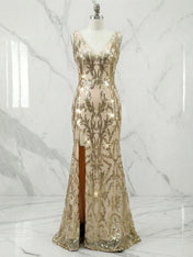 Gold Sequin V-Neck Open Back Mermaid Prom Dress with Slit
