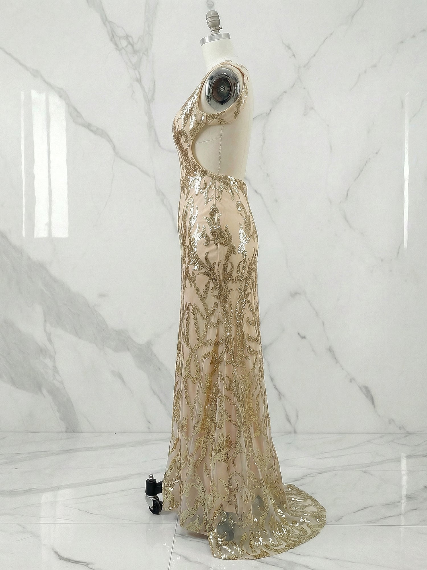 Gold Sequin V-Neck Open Back Mermaid Prom Dress with Slit