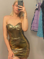 Gold Strapless Metallic Ruched Tight Homecoming Dress