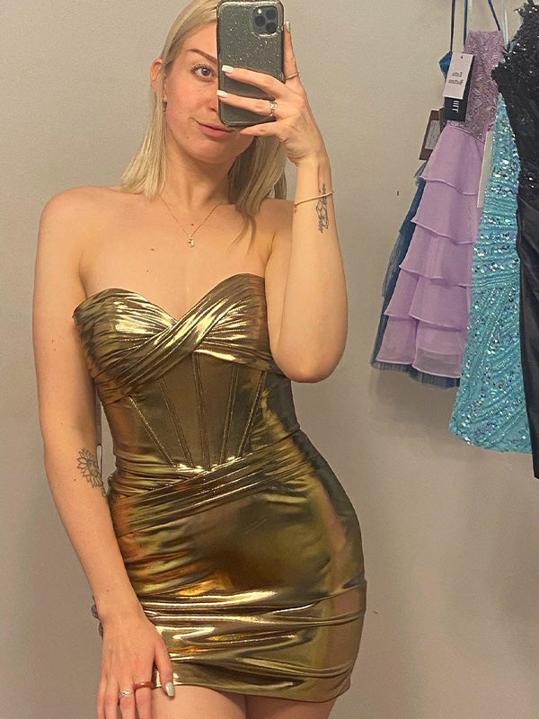 Gold Strapless Metallic Ruched Tight Homecoming Dress