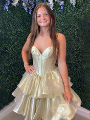 Gold Strapless Organza Tiered Short Homecoming Dress with Ruffles