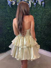 Gold Strapless Organza Tiered Short Homecoming Dress with Ruffles