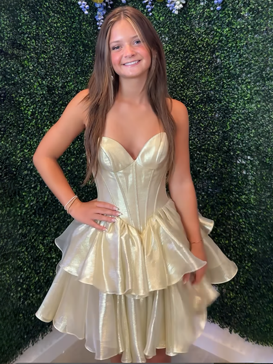 Gold Strapless Organza Tiered Short Homecoming Dress with Ruffles