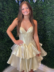 Gold Strapless Organza Tiered Short Homecoming Dress with Ruffles