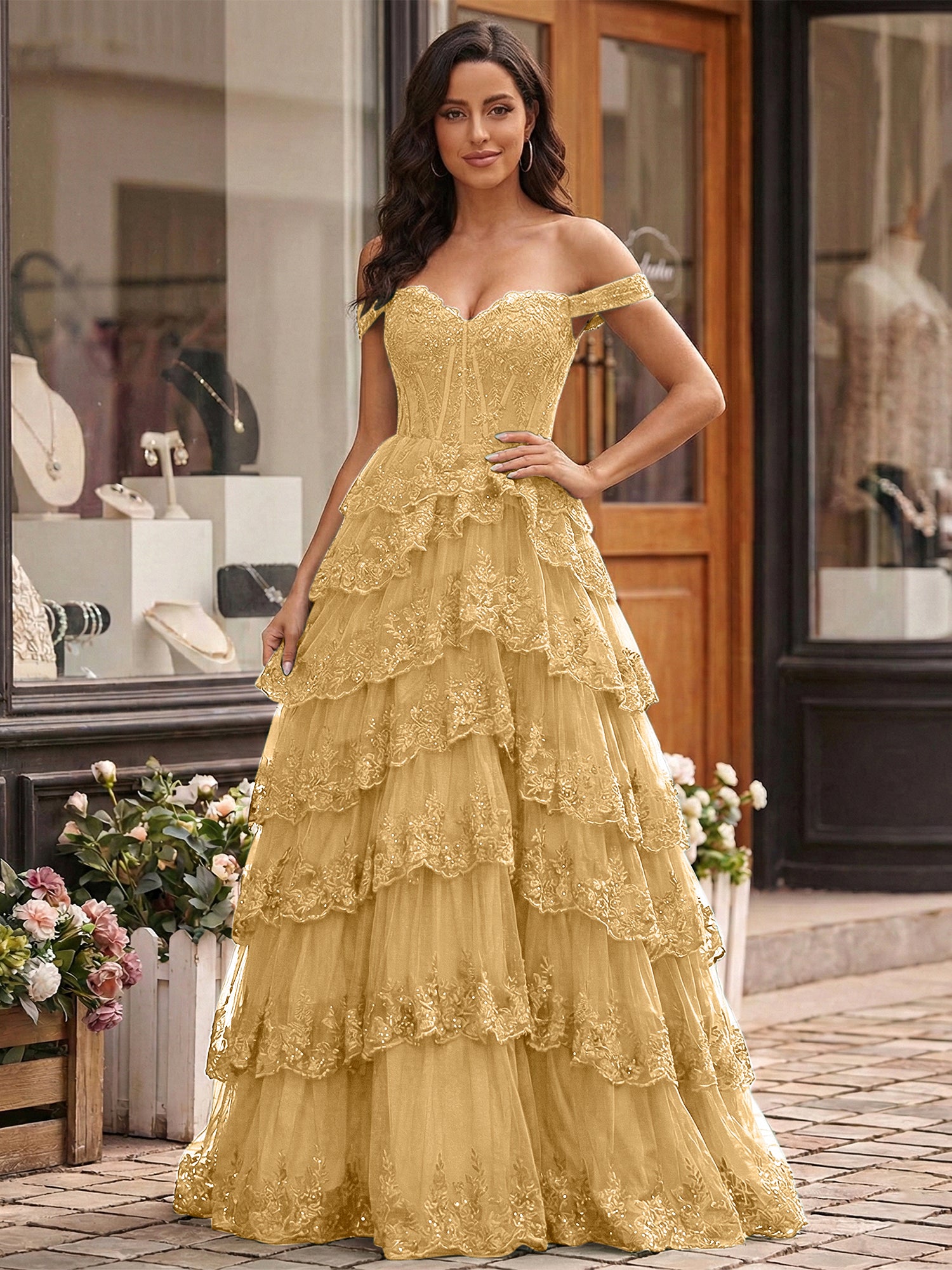 Emerald Green Lace Corset Tiered Ruffle Long Prom Dress with Slit