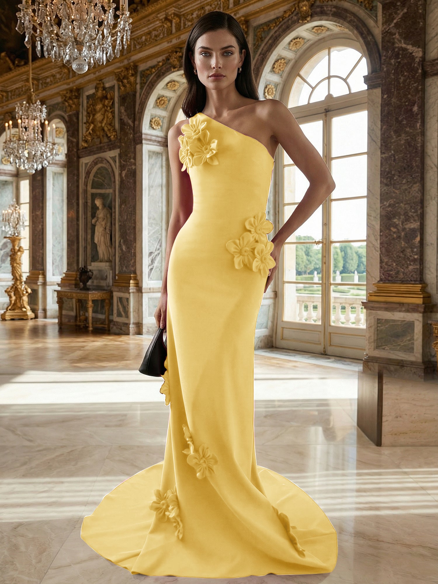 A Line One Shoulder Sleeveless Floor Length Stretch Crepe Dress With 3D Flowers