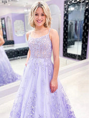 Purple A Line Spaghetti Straps Lace Tulle Long Prom Dress with Appliques