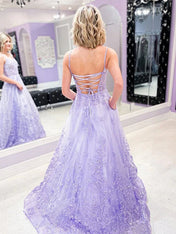 Purple A Line Spaghetti Straps Lace Tulle Long Prom Dress with Appliques