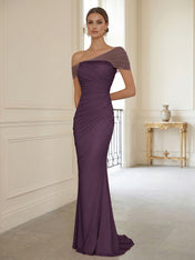 Sophisticated Blush Pink Asymmetrical Ruched Maxi Dress Evening Gown