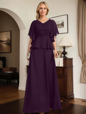 A-line V-Neck Floor-Length Chiffon Mother of the Bride Dress With Pleated Beading