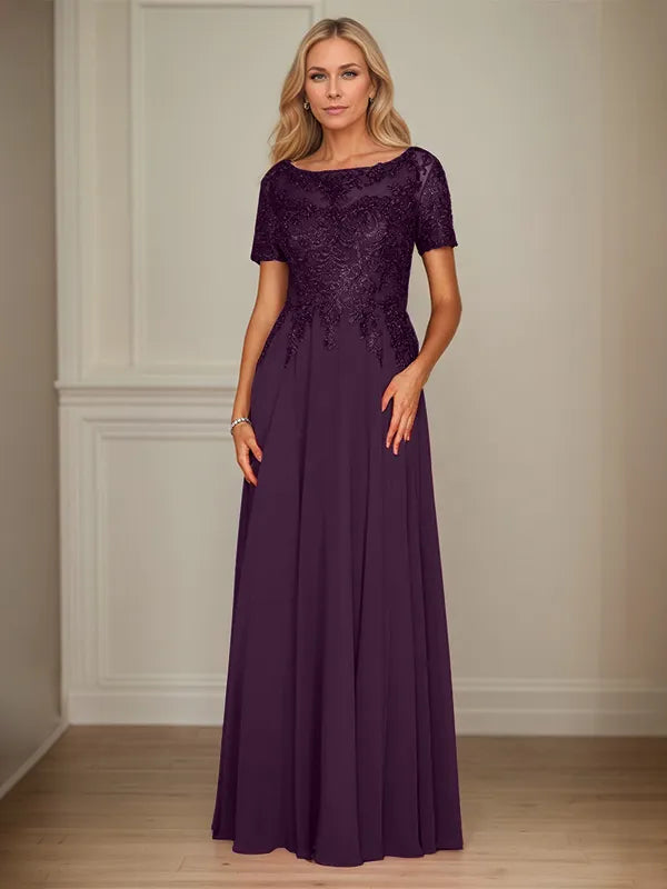 A Line Chiffon Boat Neck Short Sleeves Floor Length Mother of the Bride Dresses