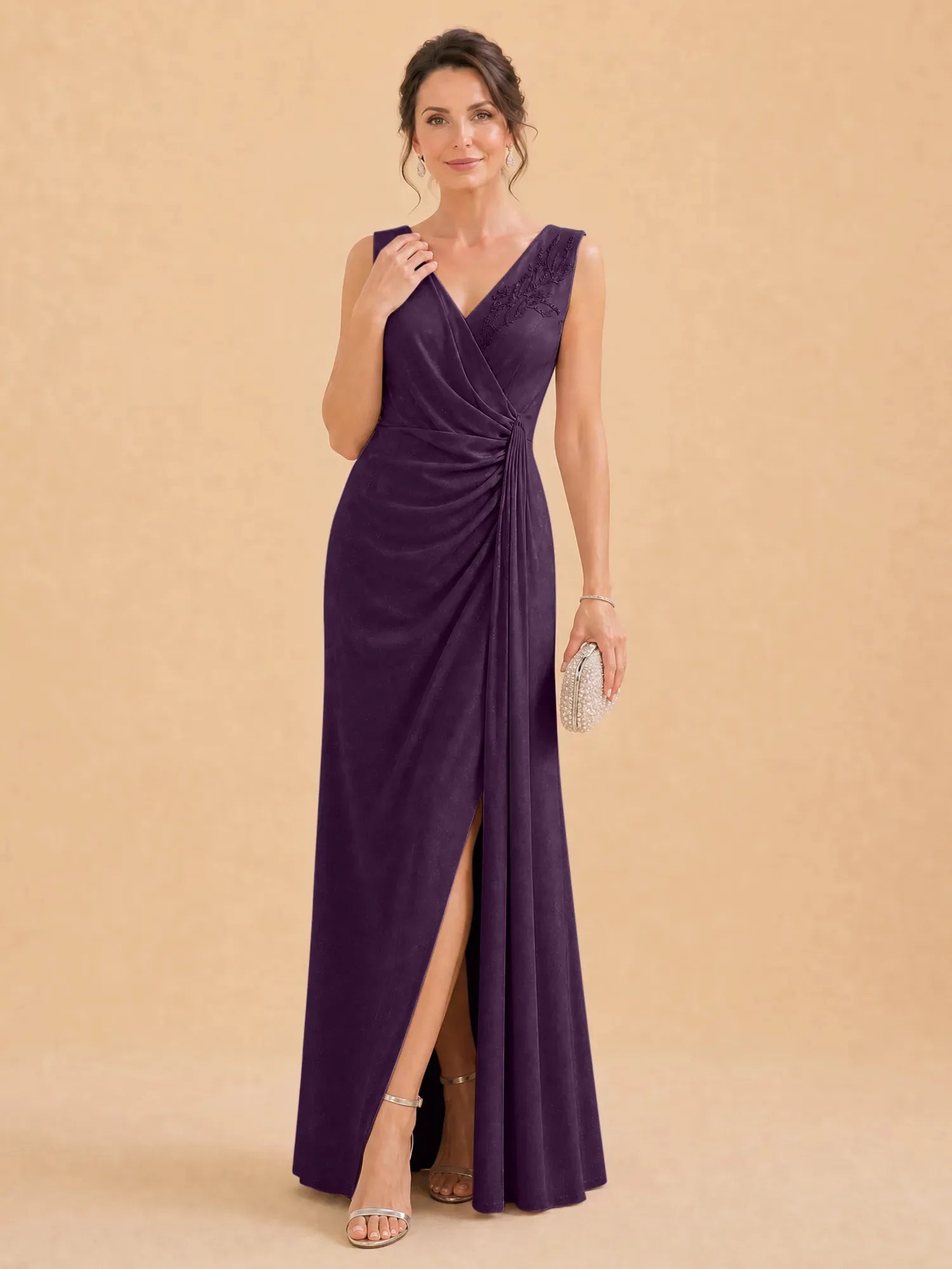 V-Neck Faux-Wrap Evening Gown with Side Draping Mother of The Bride Dresses