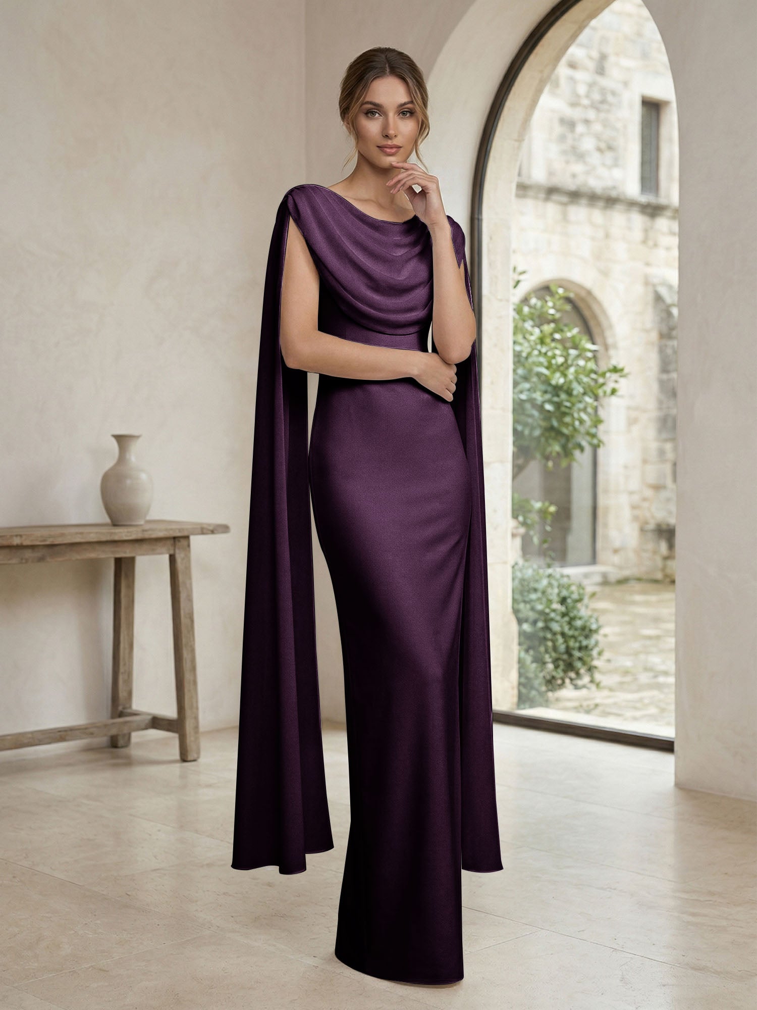 Ivory Draped Cowl Neck Cape Gown Maxi Dress