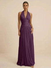 Sage Green Halter Neck Pleated Chiffon Evening Gown with Ruched