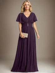 A-line V-Neck Floor-Length Chiffon Mother of the Bride Dress With Crystal Brooch Pleated