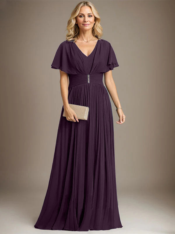 A-line V-Neck Floor-Length Chiffon Mother of the Bride Dress With Crystal Brooch Pleated